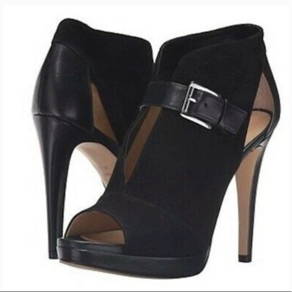 Michael Michael Kors Size 7 Black Leather Suede Isabella Open Toe Booties - Picture 1 of 8
